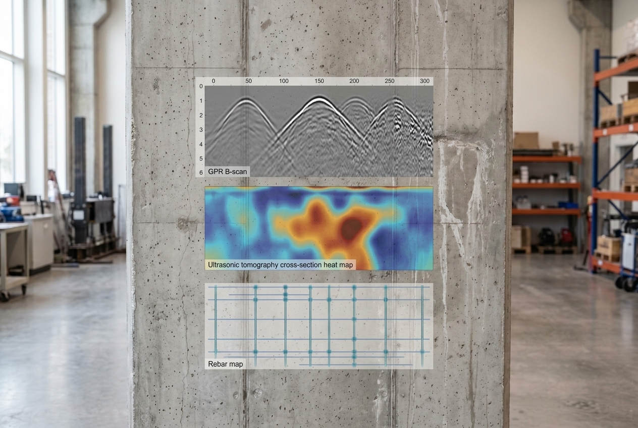 Radargramma GPR con riflessioni associate alle armature nel calcestruzzo